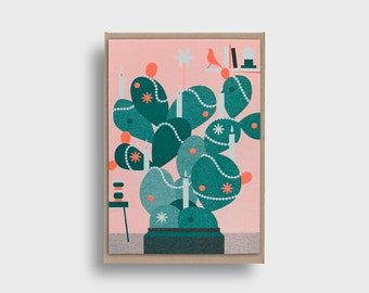 Christmas Card Prickly pear, Riso Print, Folded Card A6, Christmas, Neon Orange, Merry Christmas, Greeting Card