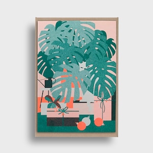 Weihnachtskarte Monstera Deliciosa, Riso Druck, Klappkarte A6, Weihnachten, Neonorange, Fensterblatt