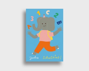 Yay school child – postcard DIN A6, school introduction, ABC, 123, elephant, child, backpack, blue