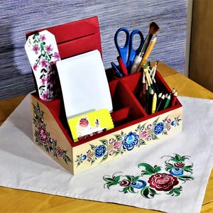 Wooden Desktop Organizer with Multi-Compartments for Stationery and Accessories, Handpainted in Russian Style Gorodets, Gift for Student