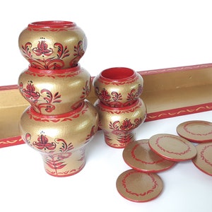 Set of Wooden Bowls with Lids and Shelf, Kitchen Spice Containers, Rustic Wood Pots, Handpainted in Russian Folk Style Khokhloma, Best Gift