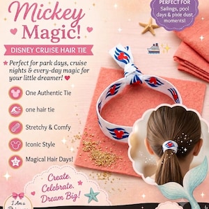 May include: A white elastic hair tie featuring a repeating pattern of red Mickey Mouse icons and blue wave graphics. The hair tie is shown in a knot style, with a circular inset image displaying the hair tie secured around a ponytail.
