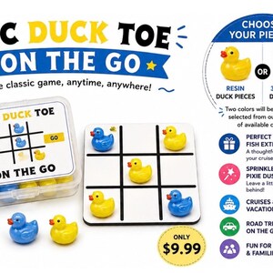 May include: A Tic Duck Toe game set featuring a clear plastic storage case with the text Tic Duck Toe On The Go, a white square game board with a black grid, and small yellow and blue rubber duck game pieces. Includes text about resin or 3D printed pieces.