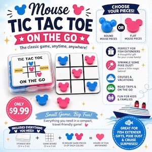 May include: A travel-sized tic tac toe game featuring a clear plastic storage box, a white square game board with black grid lines, and ten mouse-shaped game pieces in blue and pink. The set includes a 3-inch by 3-inch box and board.