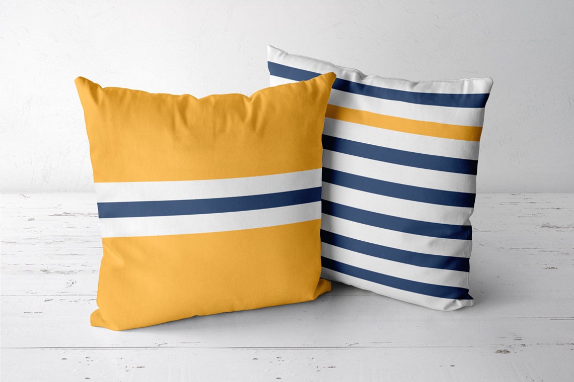 Yellow and Navy Blue Pillow. Nautical Decor. Navy Blue and Etsy