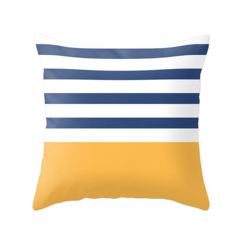 Nautical Pillow. Nautical Decor. Navy Blue and Yellow Striped Etsy