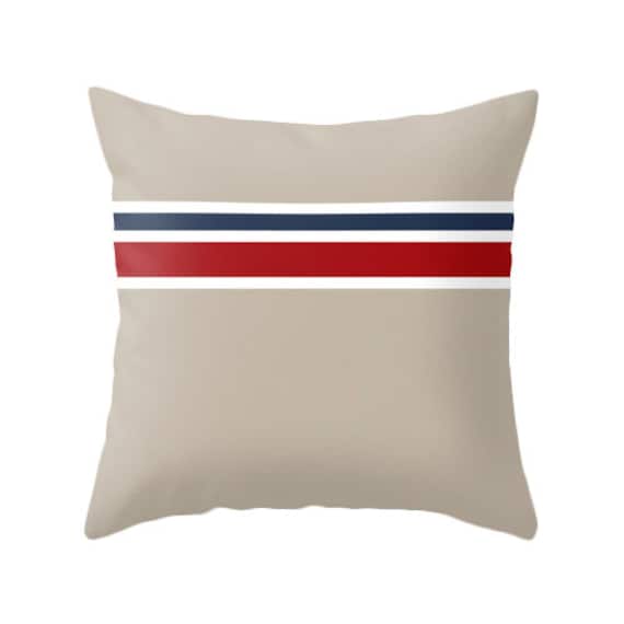 2 Nautical Cushions Navy Blue Taupe White And Red Striped Etsy