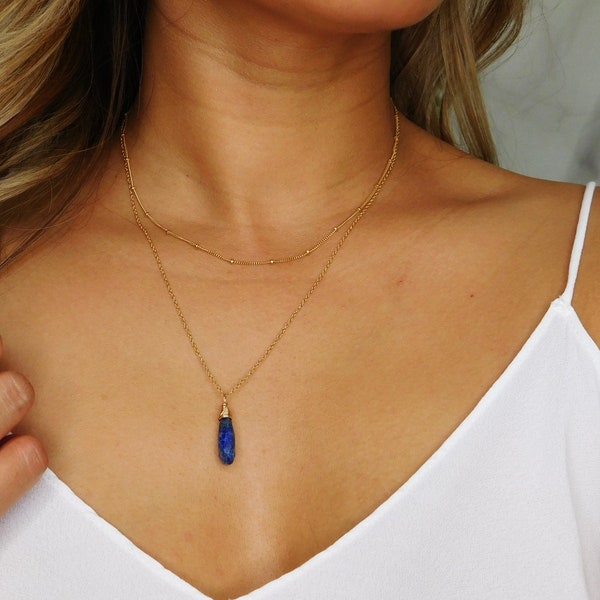 Lapis Lazuli Necklace, Gold Lapis Lazuli Necklace, Crystal Drop Necklace, Navy Blue Lapis, Gemstone Gift for Mom