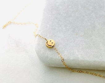 Tiny Smile Disc Necklace, Gold Necklace, Smiley Gold Necklace, 14k Gold Fill, Simple Gold Necklace, Happy Face Necklace, Minimalist