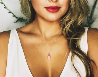 Pink Opal Drop Necklace, October Birthstone Necklace, Opal Jewelry, Girlfriend Gift, Gift for Mom, Pink Peruvian Opal Pendant, Gift for Her