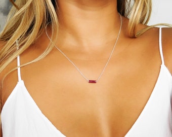 Raw Ruby Bar Necklace, 14k Gold Filled Chain, July Birthstone, Natural Ruby