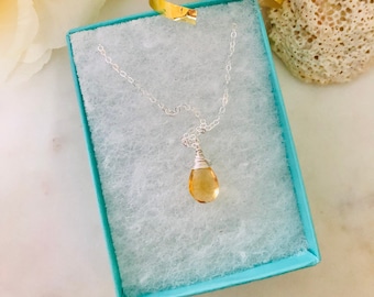 Citrine Necklace, November Birthstone, Yellow Citrine Necklace, Pear Drop Necklace, Birthstone Gift for Mom, Mothers Day Gift