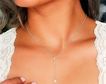 Lariat Necklace, Vivienne, Dainty Y, Cubic Zirconia Diamond Necklace