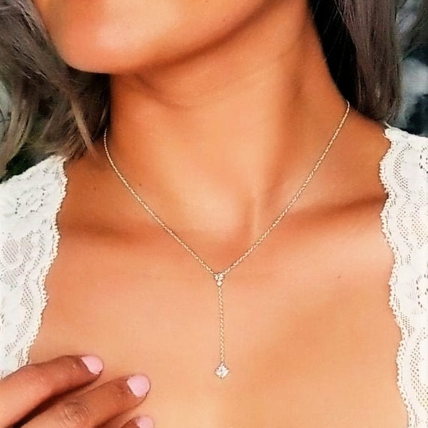 Lariat Necklace, Vivienne, Dainty Y, Cubic Zirconia Diamond Necklace