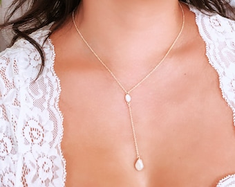 Kaleia Lariat Necklace, Opal Lariat, Pearl Lariat, Gold Lariat, Dainty Y Necklace, Bridal Gift, Gold Lariat Necklace, Opal Necklace