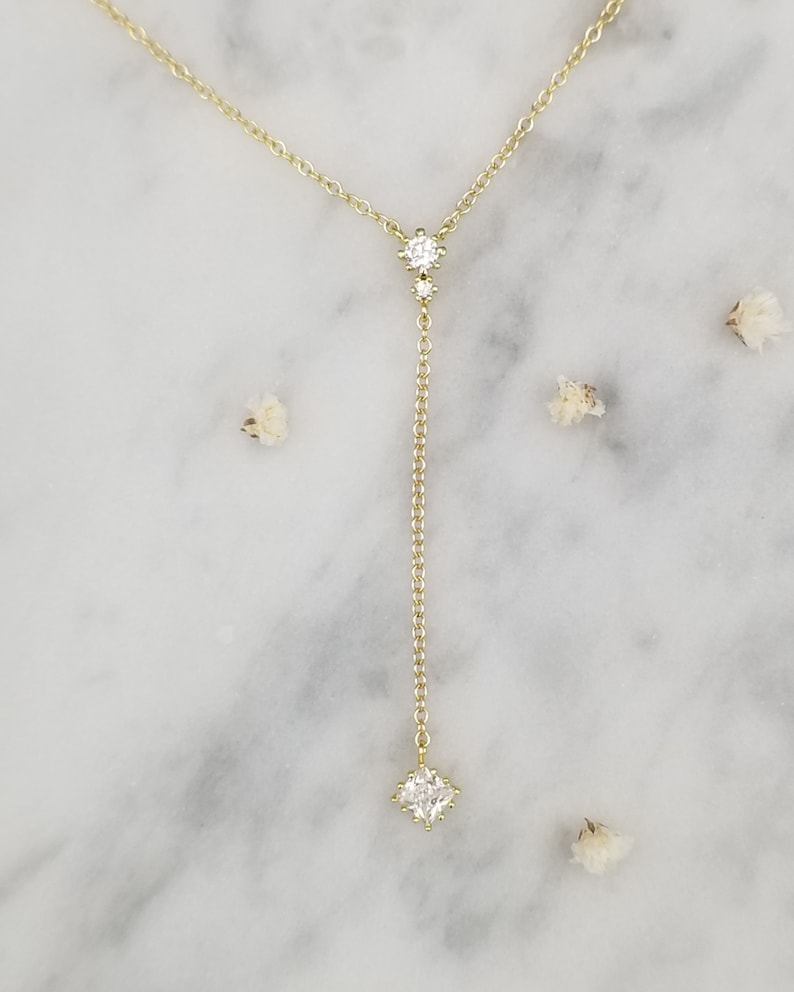 Lariat Necklace, Vivienne, Dainty Y, Cubic Zirconia Diamond Necklace Gold