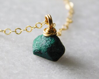 Raw Malachite Chunk Necklace: 14k Gold Filled, Natural Gemstone