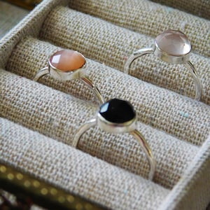 Adjustable Gemstone Rings, Sterling Silver 925, Gemstone Rings, Peach Moonstone Ring, Rose Quartz Ring, Stackable Rings