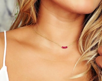 Tiny Raw Ruby Necklace, Ruby Bar Necklace, Beaded Ruby Necklace, 14k Gold Filled, July Birthstone