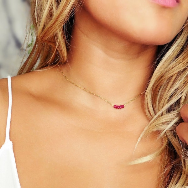 Tiny Ruby Choker, 14k Gold Filled, Genuine Ruby Necklace, Bead Bar Necklace, Raw Ruby Necklace