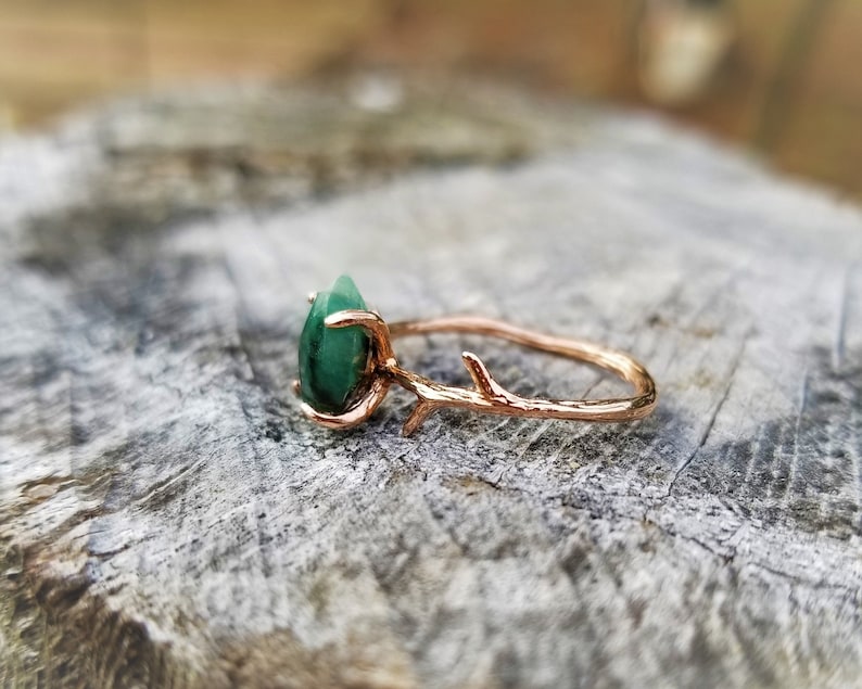 Raw Emerald Ring, May Birthstone Ring, Raw Gemstone Ring, Twig Ring, Rose Gold Ring, Branch Ring, Emerald Ring for Woman 