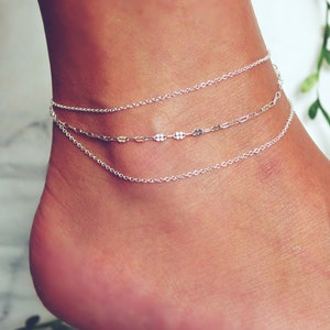 Layered Fleur Anklet, Silver Ankle bracelet, Sterling Silver 925, Silver Chain Anklet, Sterling Silver Anklet for Woman, Silver Boho Anklet
