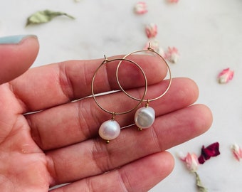 Luca Hoop Earrings • Freshwater Pearl • Gold Hoop Earrings • Minimalist