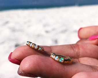 Opal Hoop Earrings, October Earrings, Birthstone Jewelry, Gold Opal Hoops, Tiny Gold Hoops