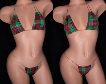Christmas Square Top Bikini - Red - Green - Plaid - Exotic Dancewear - Stripper Outfit - Role Play - Lingerie - Sexy - Show Girl - Rave Fit
