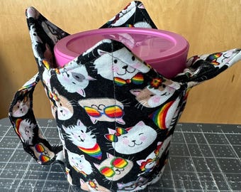 Cat Print Ice Cream Cozy – Pint Holder with Strap, 100% Cotton Fabric