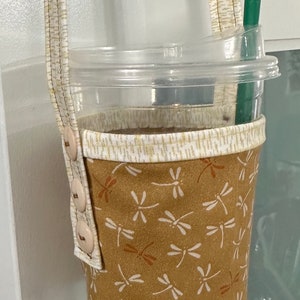 Beige Libellen Stoff Träger-Crossbody-Gurt für 24 Unzen doppelt klar venti Größe Starbucks Tasse oder andere Typ