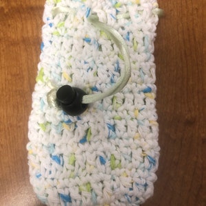 Soap on a Rope Pouch Eco friendly Soap Savers ….White blue yarn