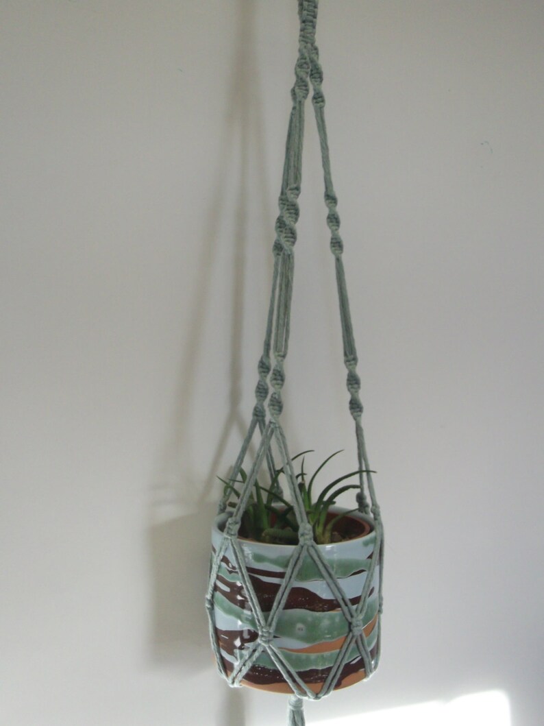 Faded cyan bluish green cotton macrame plant hanger. Many sizes. 26in-53inDOUBLE 2-TIER, Flowerpot hanger image 4