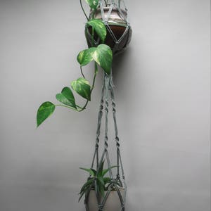 Faded cyan bluish green cotton macrame plant hanger. Many sizes. 26in-53inDOUBLE 2-TIER, Flowerpot hanger image 5