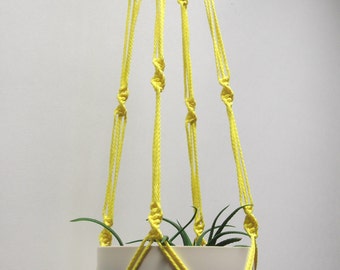 Yellow hanging planter. Macrame plant hanger. Hanging flowerpot holder.