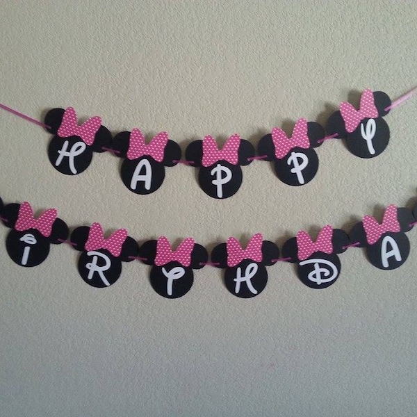 Minnie Mouse Happy Birthday Banner Polka Dot Pink or Red, Can Be Perzonalized with Age and Name, Free Shipping USA