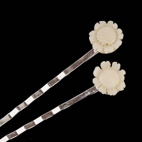 Pair of vintage Chinese export white coral flower hair pins. ac-h-229