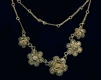 Vintage silver vermeil filigree flower link necklace. nlvs741