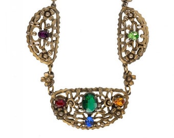 1920s brass filigree and glass stone necklace. Czechoslovakia.  nlbg2096