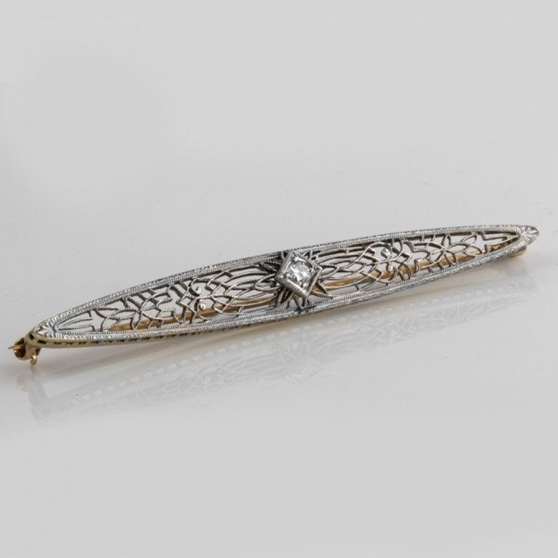 Art Deco 14k White and Yellow Gold Bar Pin With Diamond. - Etsy
