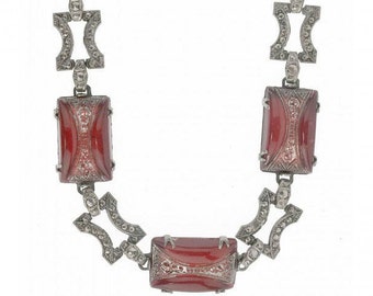 1920's Art Deco chrome plated metal link necklace with pressed carnelian glass stones. nlad959