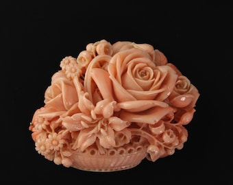 Spectacular Italian carved Mediterranean Angeskin coral flower basket sash ornament. 1950s. pdja763sbk