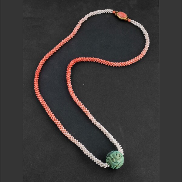 Woven coral rope necklace with old carved turquoise Shou bead and vermeil coral clasp.  34 inches.  nlja909