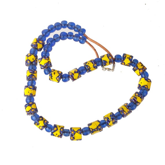 Trade Bead Millefiori blue & yellow glass bead ne… - image 2