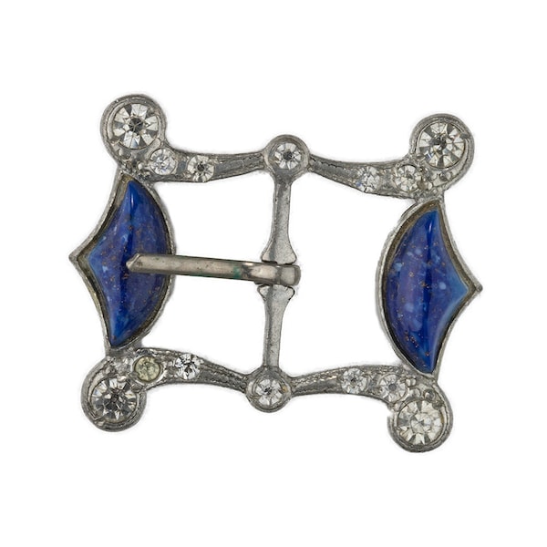 Buckle with rhinestones, lapis glass. 1930's Czechoslovakia.  Art Deco.  2 x 1.75 in. j-buad068