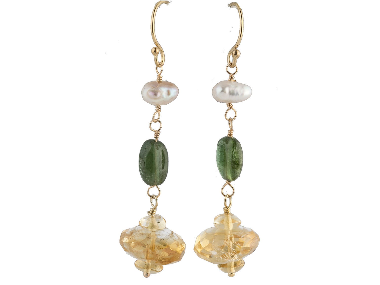 Citrine, Tourmaline Beads and Biwa Freshwater Pearl Earrings, 14k Gold ...