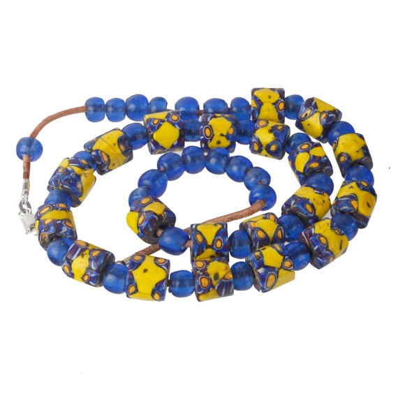 Trade Bead Millefiori blue & yellow glass bead ne… - image 1
