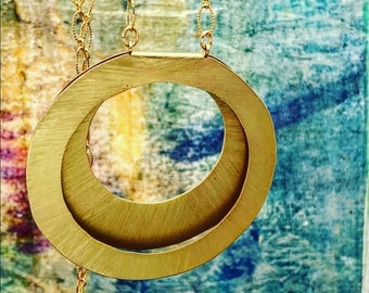 Long Geometric Circle Necklace, Gold Layering Necklace, Round Pendant, Open Circle Pendant Necklace