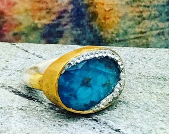 Tourmaline Statement Ring, Blue Oval,  watermelon tourmaline, ocean color, gold silver ring, handmade, Statement jewelry, big gemstone,