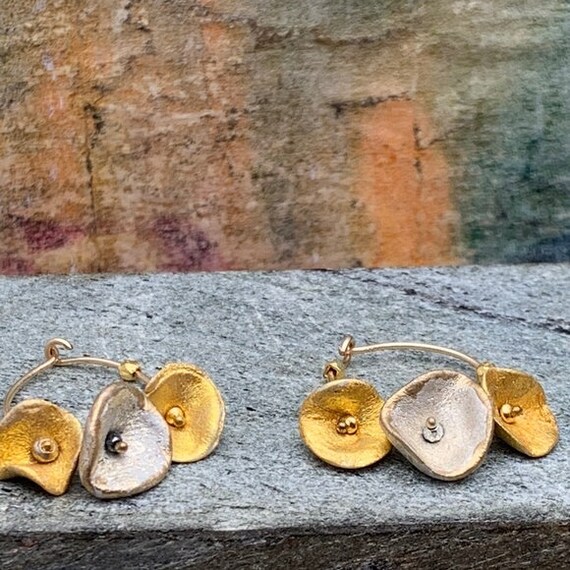 Handmade Bell floral earrings in 24k gold & silver